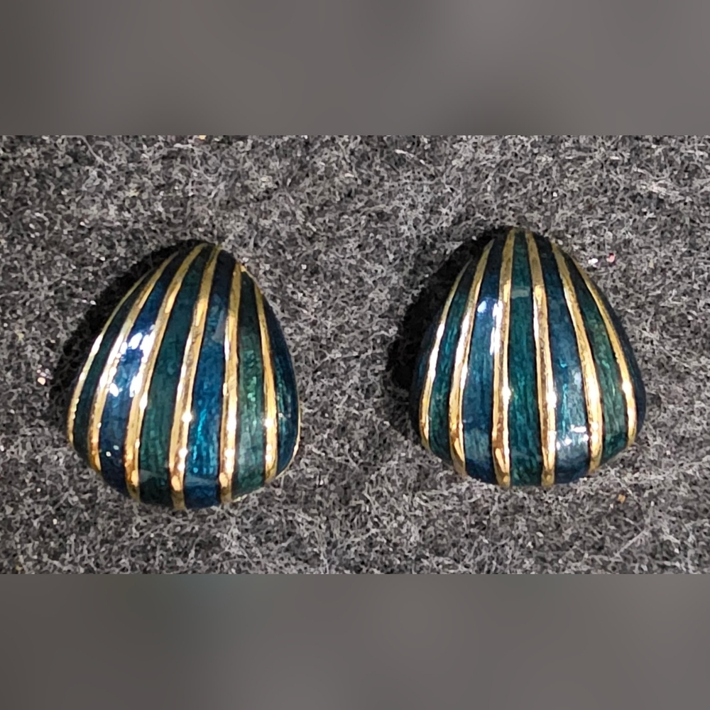 KEYES Vintage Green Enamel Sculpted Teardrop Earrings with Blue and Gold Stripes
